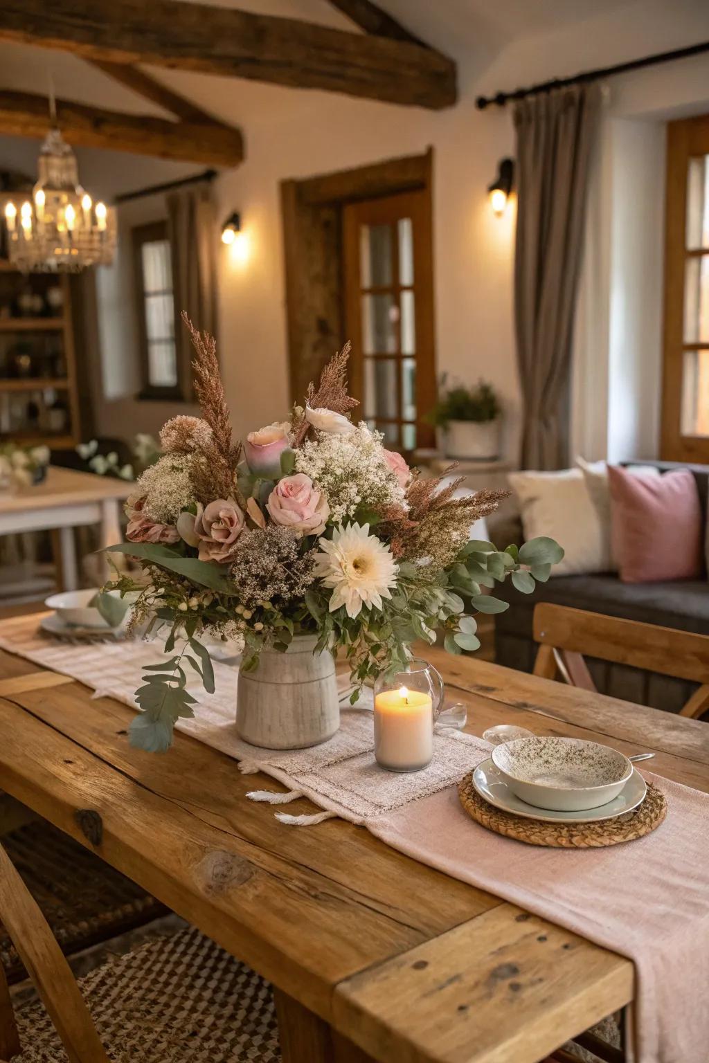 Subdued seasonal flowers sprinkling color across a rustic table.