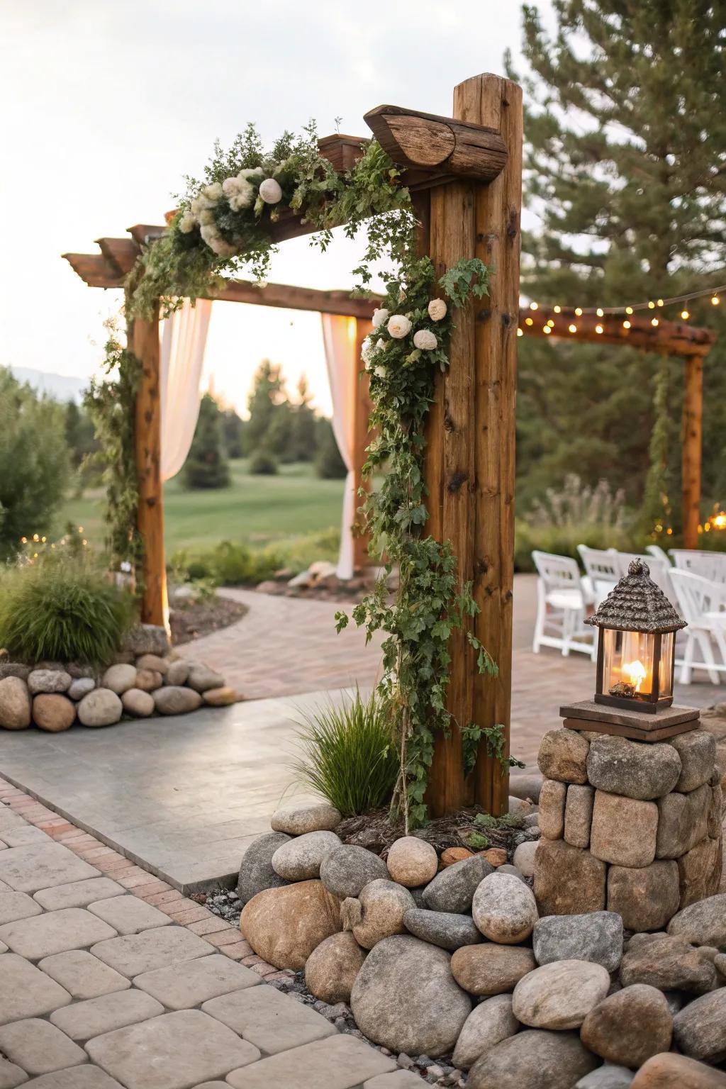 Organic elements like pebbles and lumber add texture and richness to wedding decor.