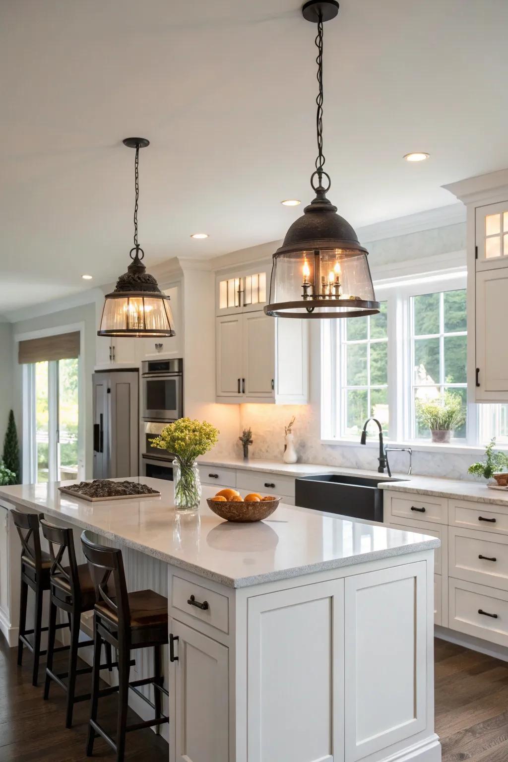 Pendant lights that infuse personality into a white cooking area.