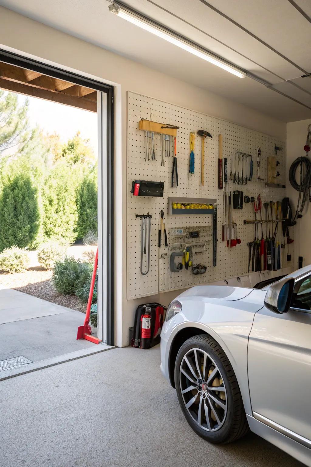 Walls with pegboards are a natural way to arrange and show off tools.