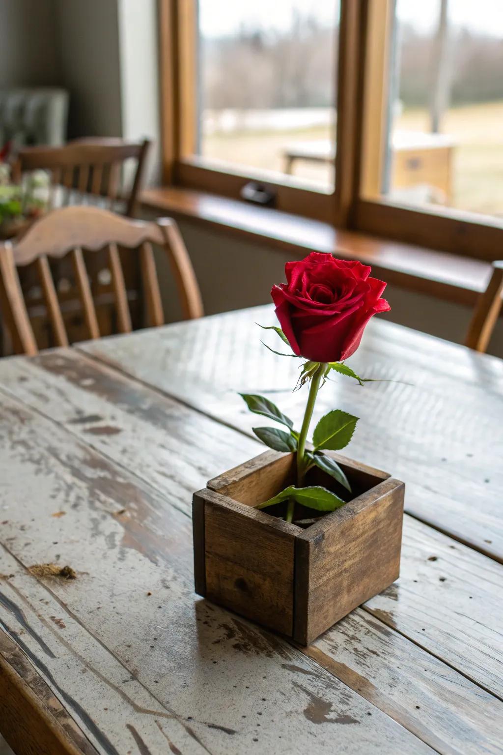 A wooden container incorporates earthy appeal to the rose focal point.