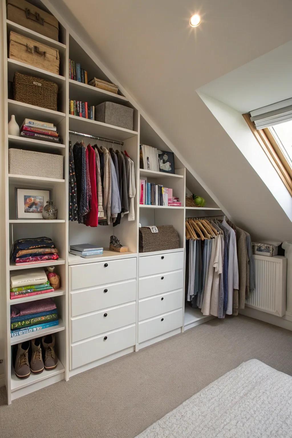 Mixing storage types gives you flexible organization under sloped ceilings.