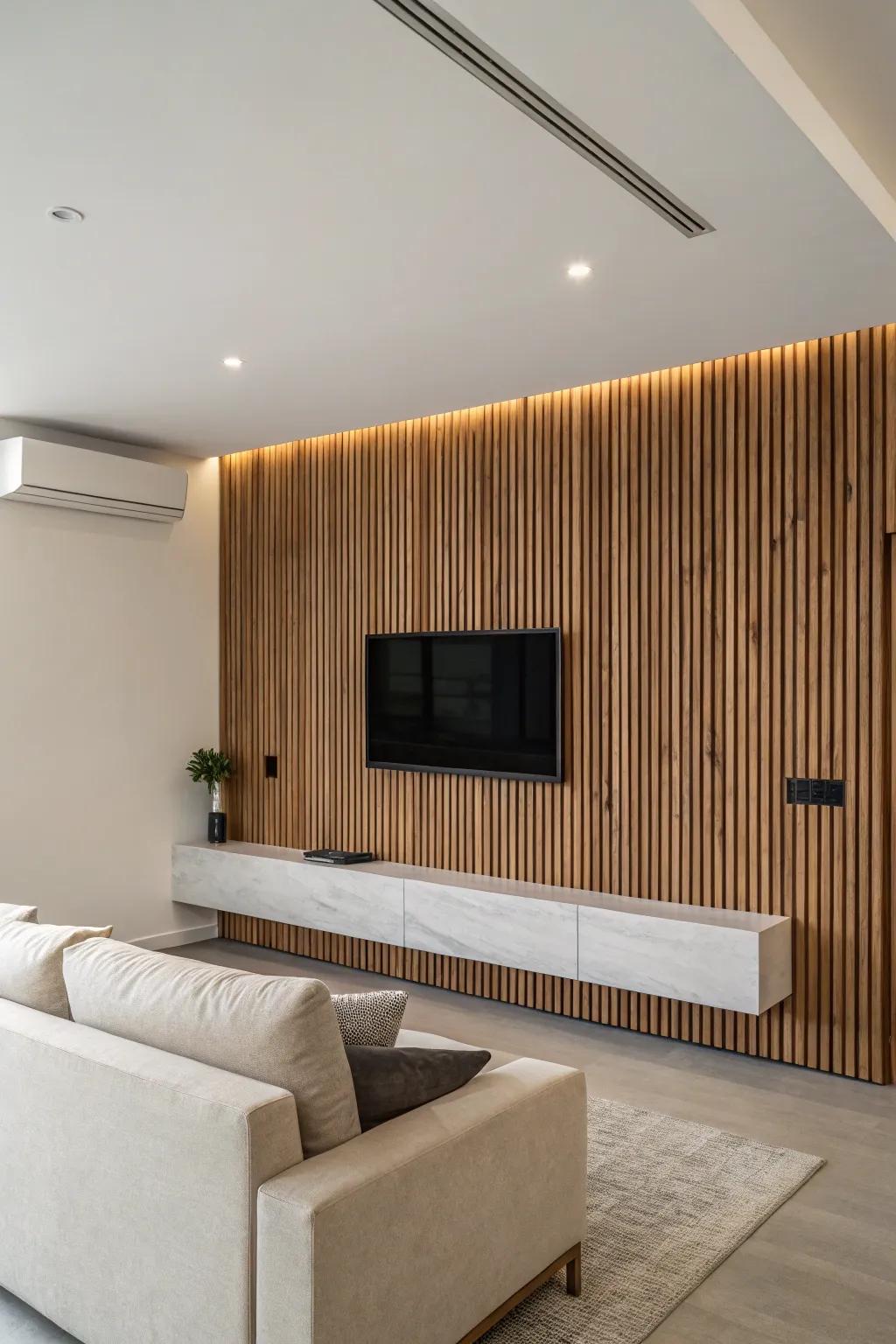 A media room showcasing a lumber strip wall that introduces a polished, modern element.