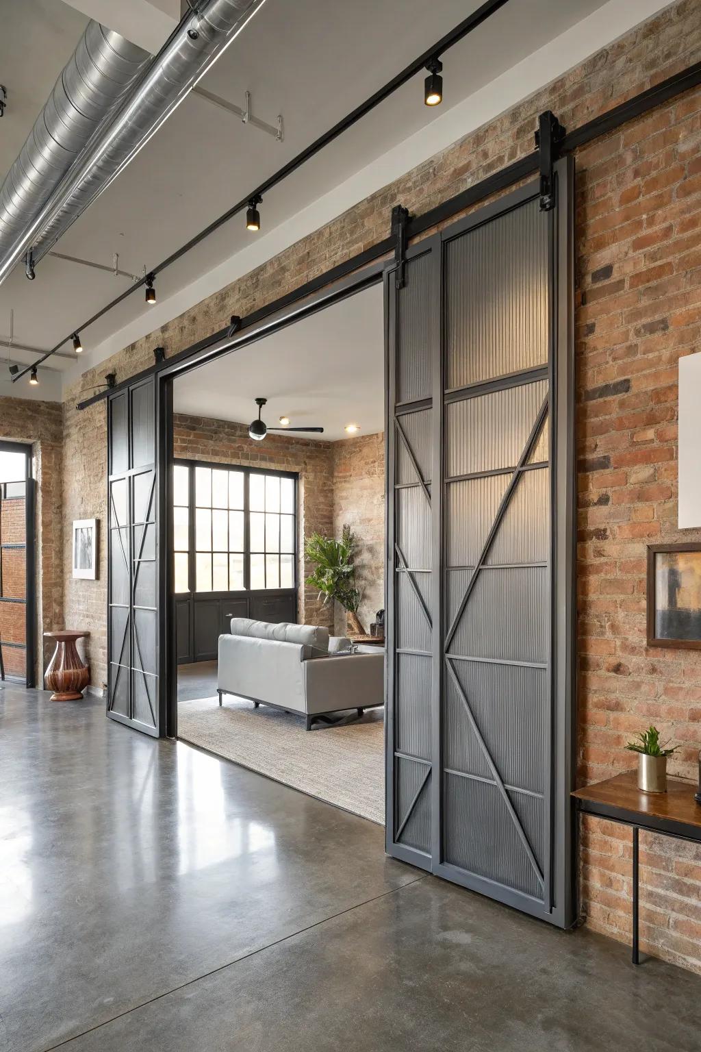 Industrial sliding doors give this urban loft an edgy aesthetic.