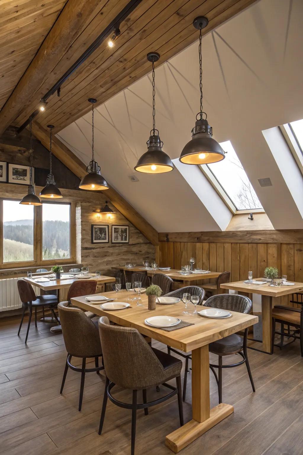Blend rustic charm with modern lighting for a chic atmosphere.