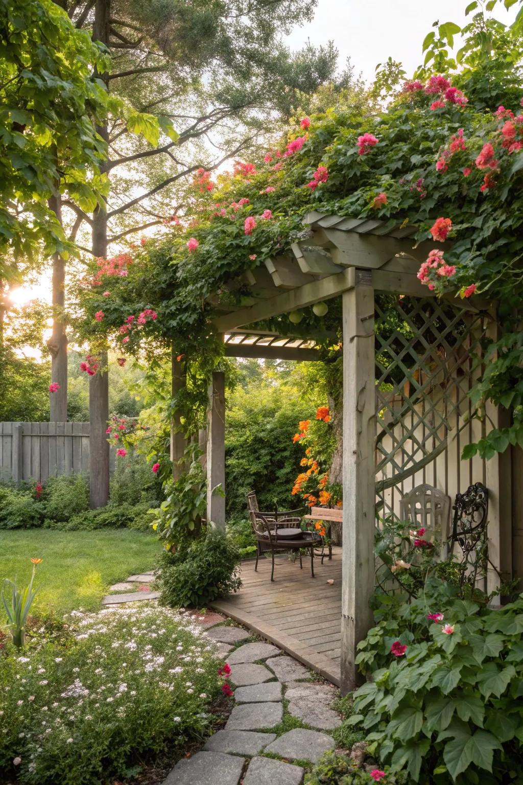 An arbor furnishes shade and underpins exquisite climbing foliage.