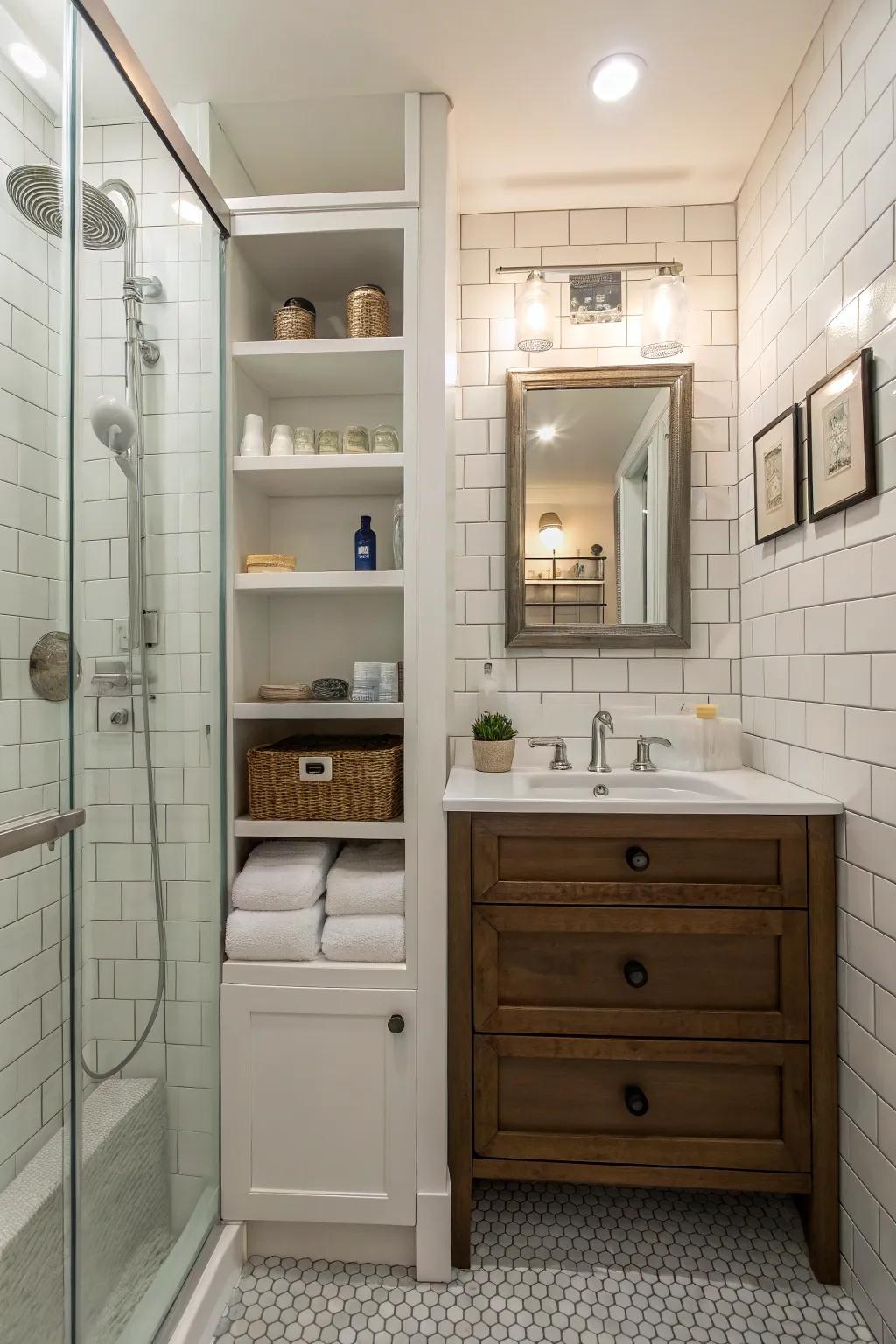 Recessed shelving efficiently uses space in a small bathroom.