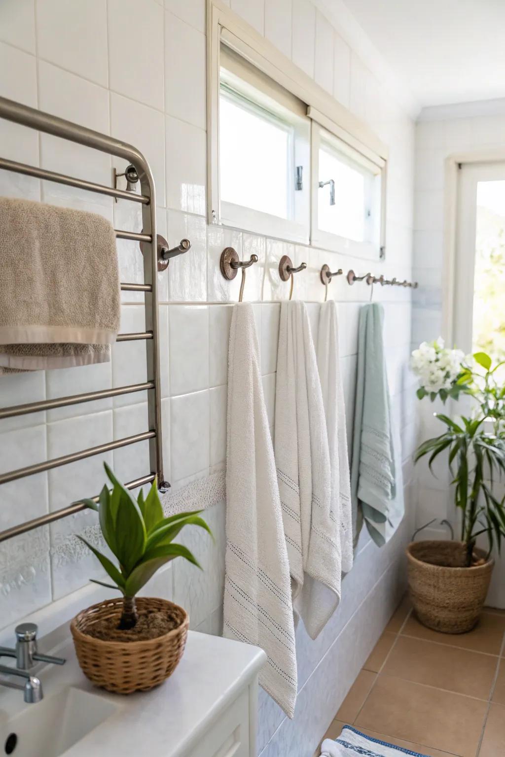 Simple and effective towel organization using bars and hooks.