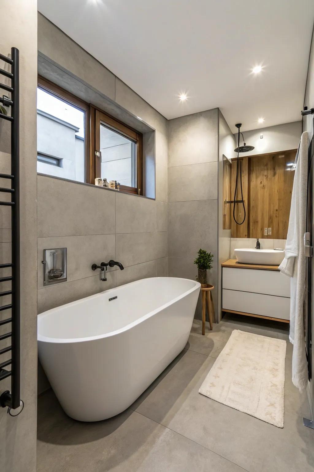 Minimalistic fixtures keep a small bathroom uncluttered and chic.