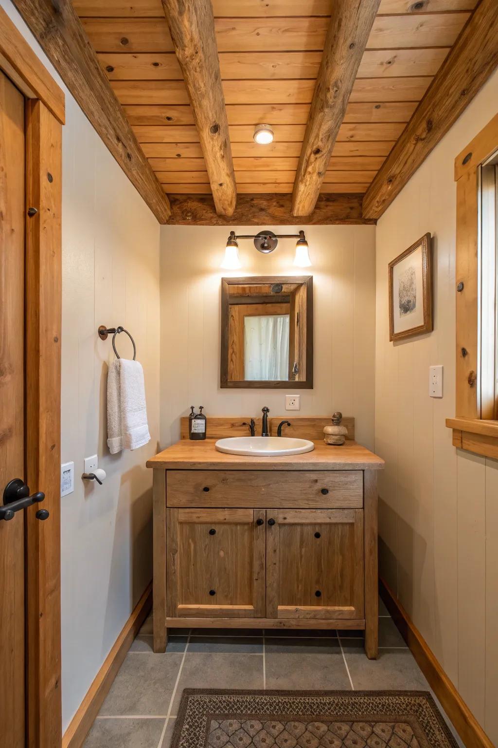 Matching wood elements establish a unified bathroom aesthetic.