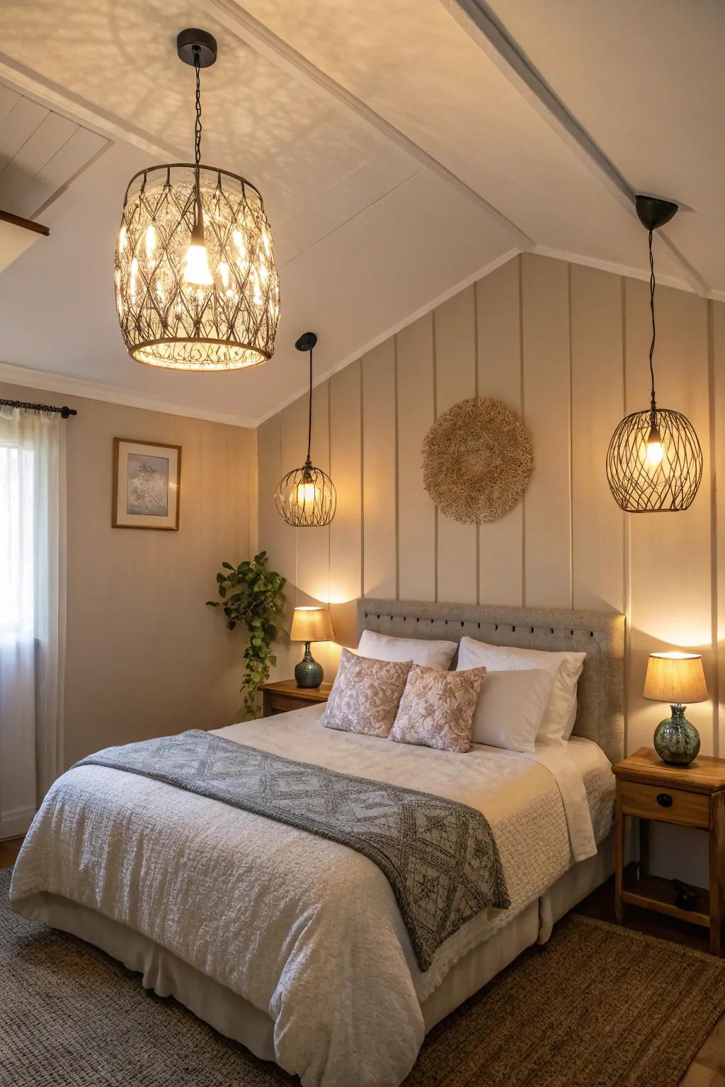 A small bedroom illuminated by pendant lights and lamps to create a cozy feel.