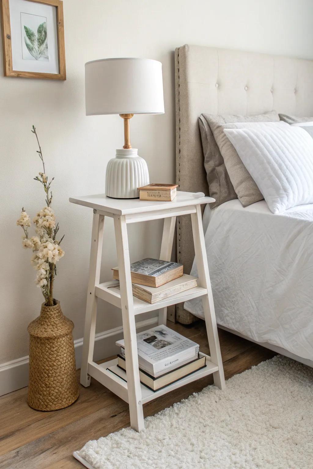 A multi-level stool offers stylish simplicity as a bedside table.