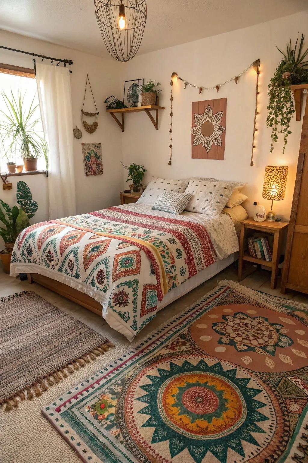 Mixed patterns inject visual fascination and individuality into this boho bedroom