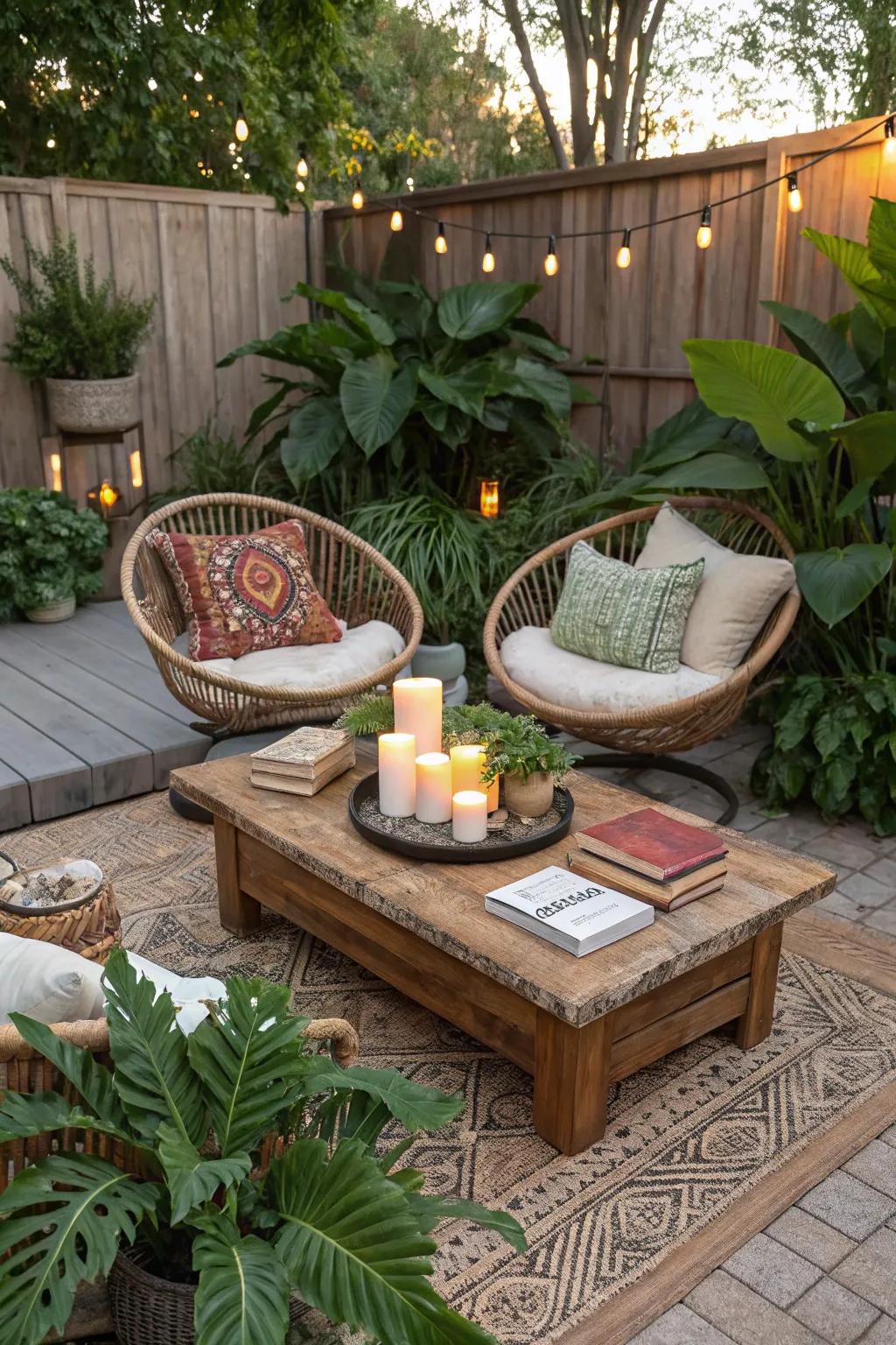 A natural coffee table serves as a centerpiece for a boho patio.