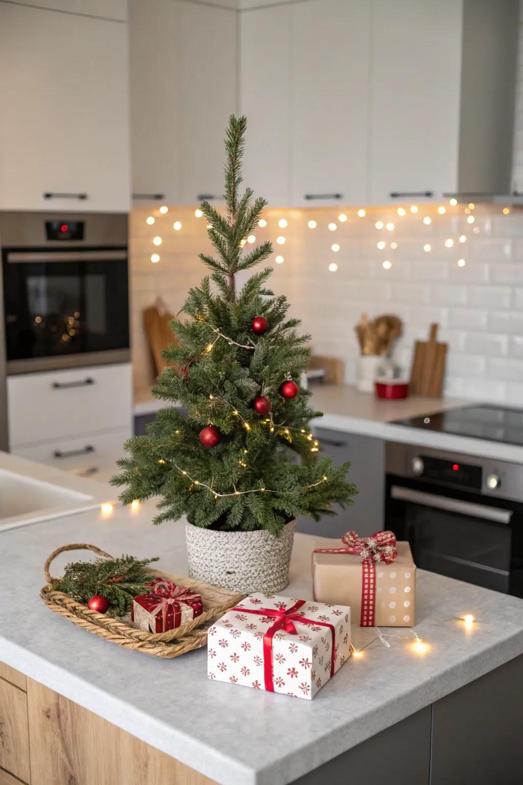A petite evergreen infuses celebratory cheer into the culinary area.