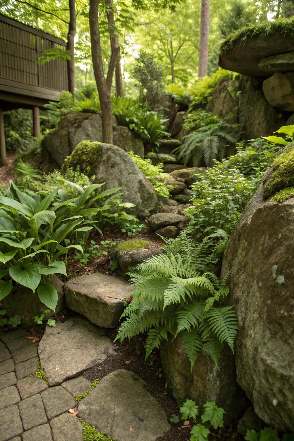 Ferns and foliage create a lush ambience in this corner rock garden.