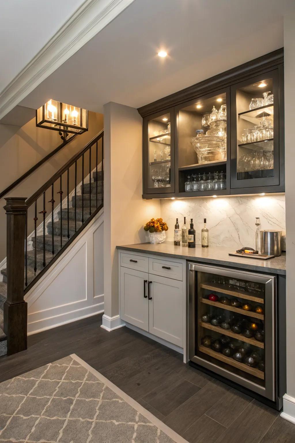 Maximize under-stair capacity with a petite refreshment station.