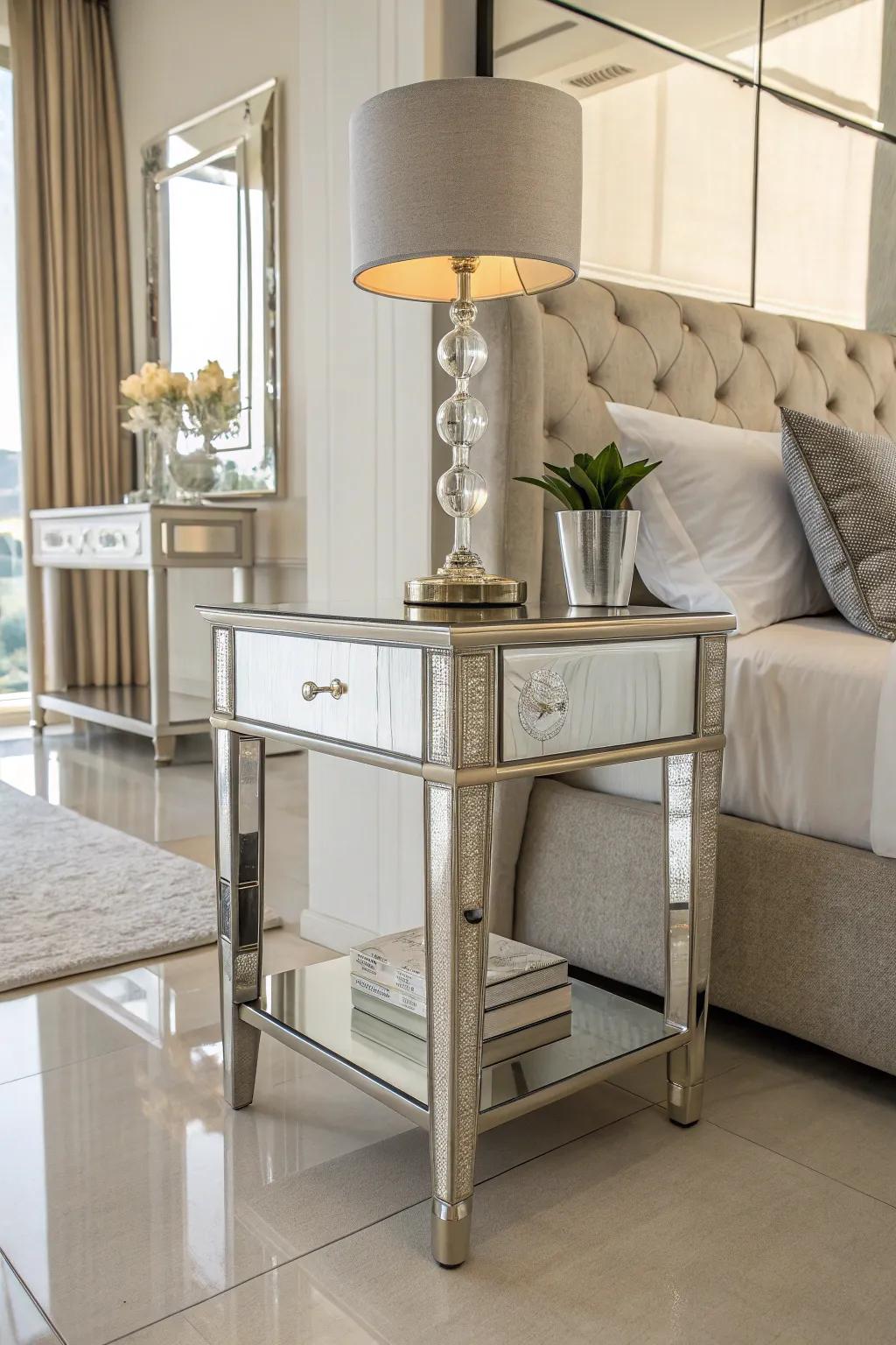 A mirrored end table enhances the brightness of a modern bedroom.