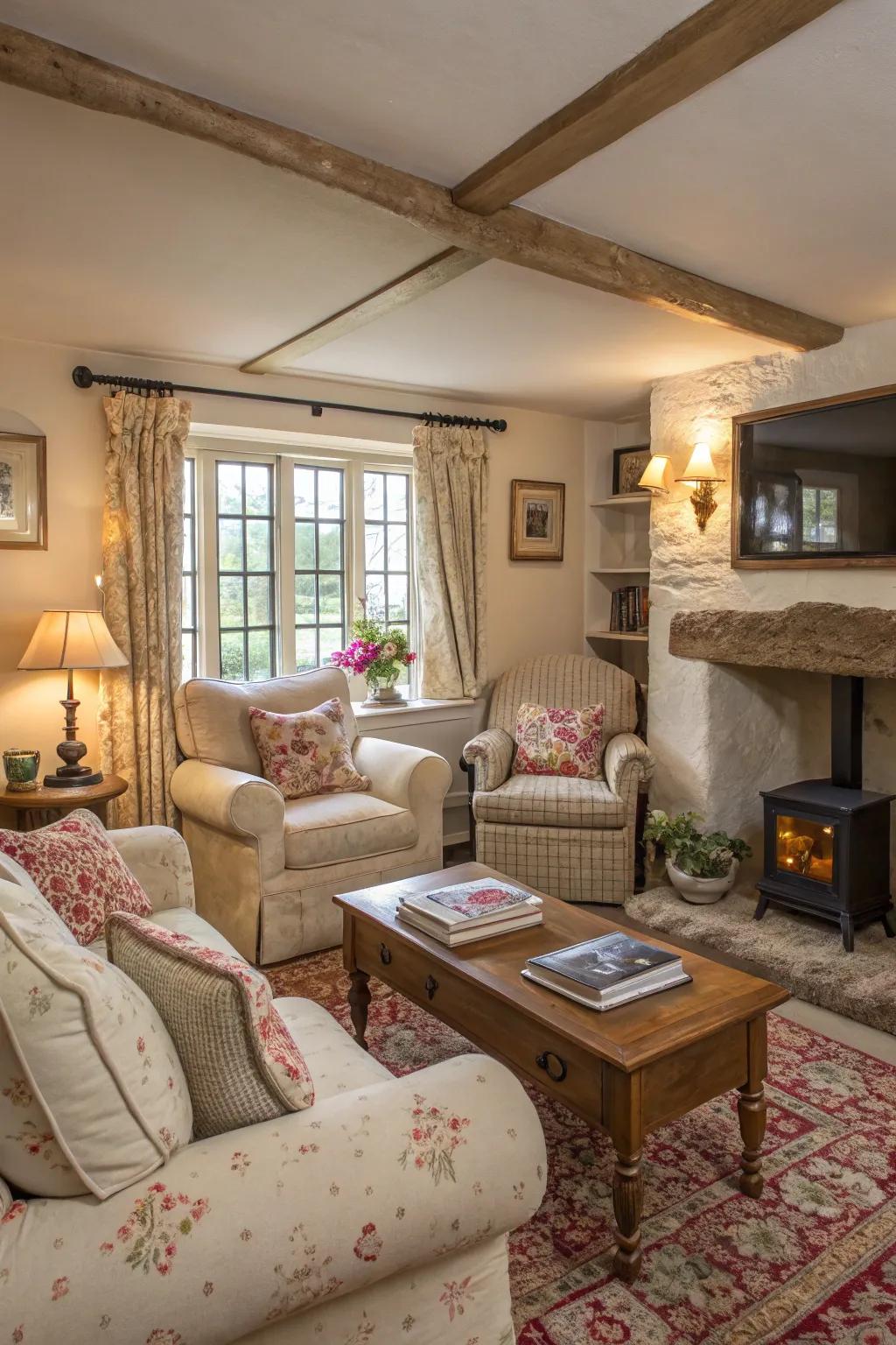 Plush seating with slipcovers invites relaxation in this cottage living room.