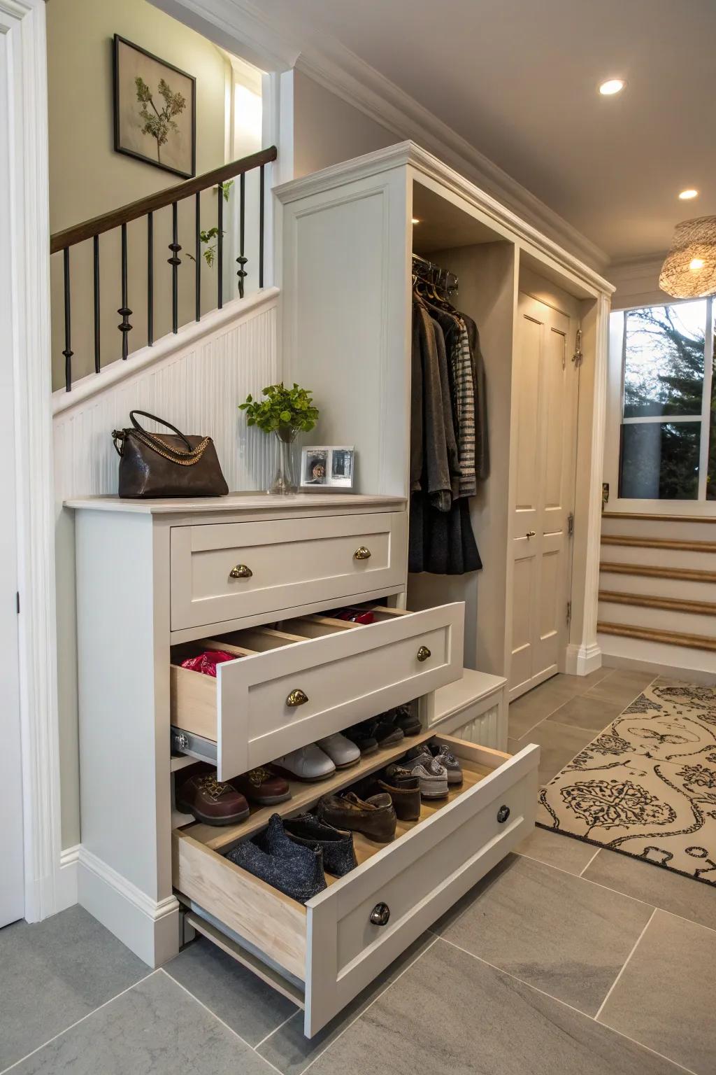 Concealed drawers in furniture provide subtle footwear storage.