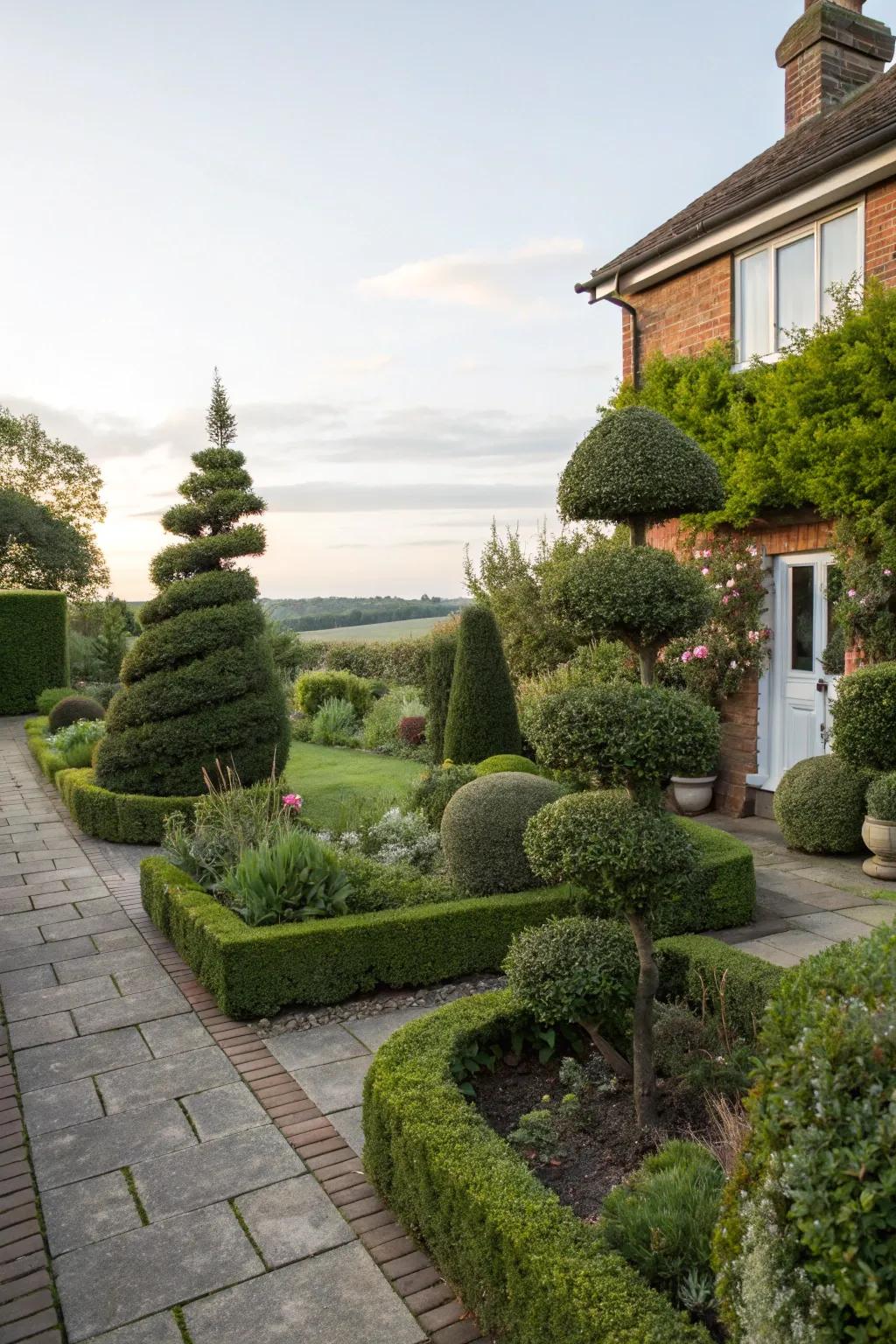 Imaginatively sculpted topiary bushes impart a whimsical impression on the garden.