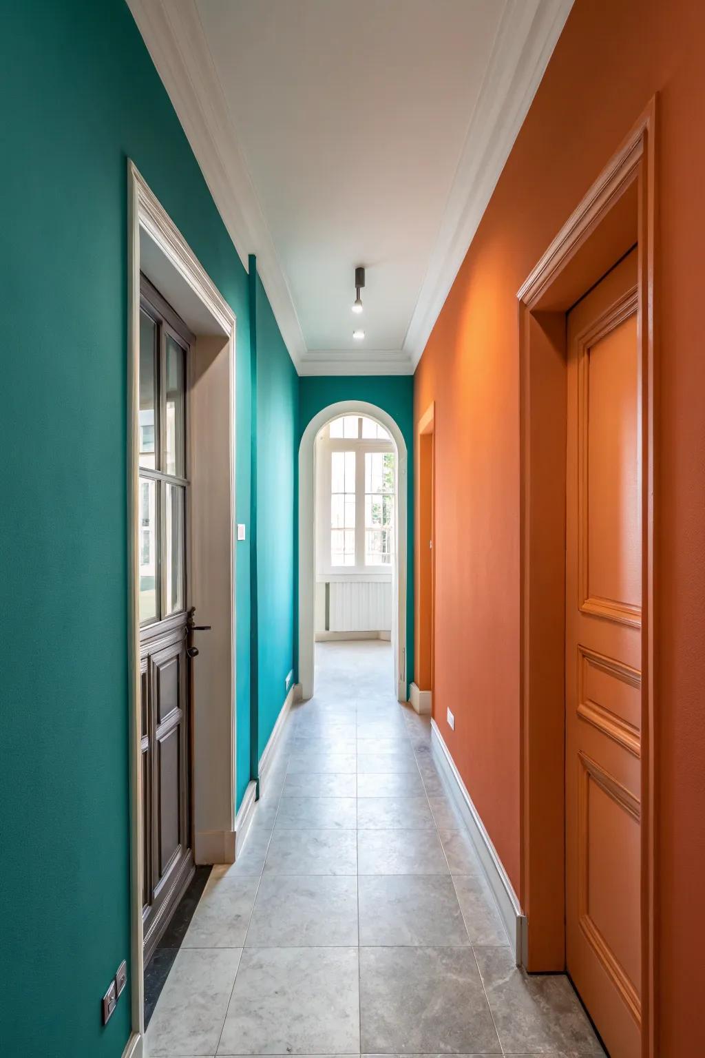 Two-tone walls contribute depth and individuality to small hallways.
