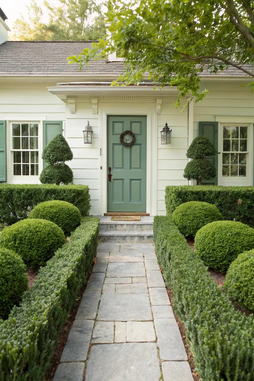 Green fences enhancing a welcoming front door area.