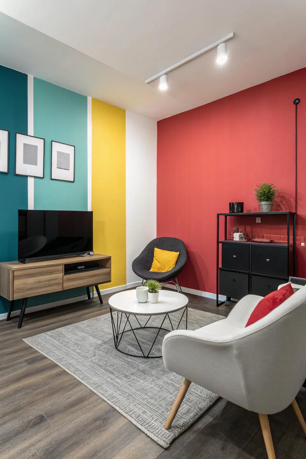 A compact living space showcasing walls with contrasting blocks of color for a lively visual.