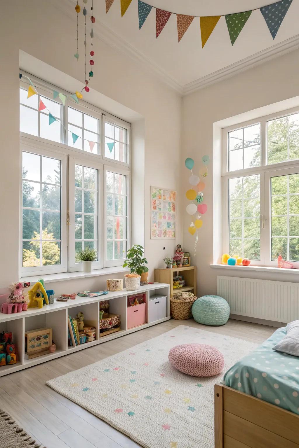 Inherent illumination engenders an open and congenial atmosphere within petite chambers.