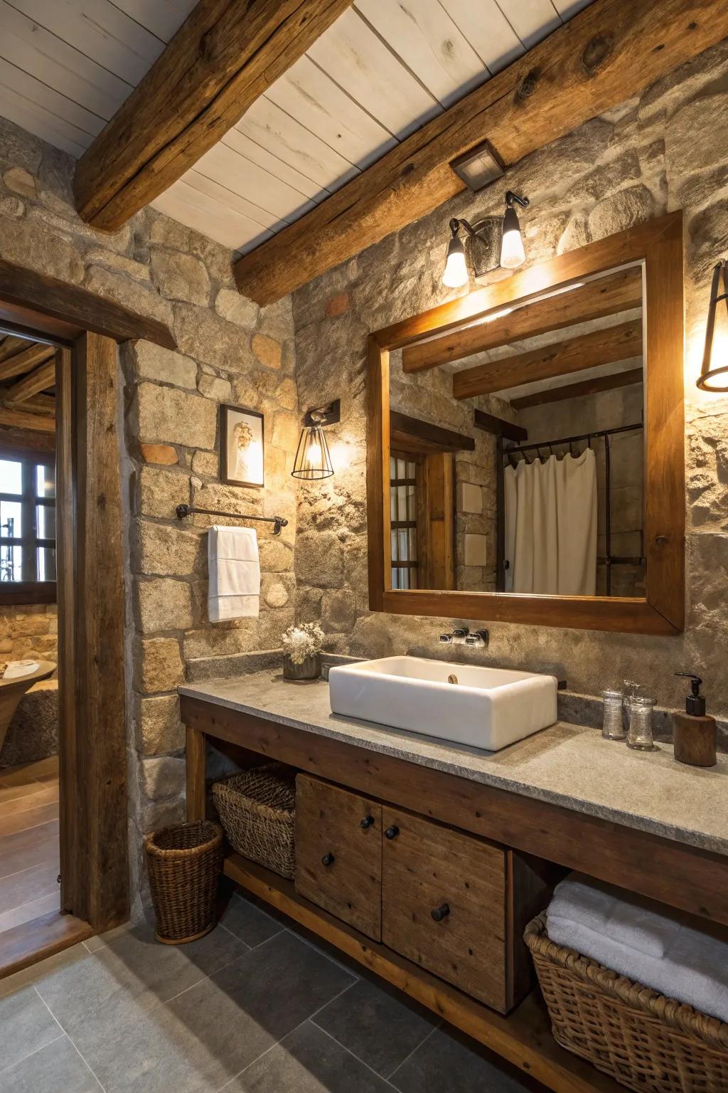 Large mirrors amplify space in a rustic bathroom setting.
