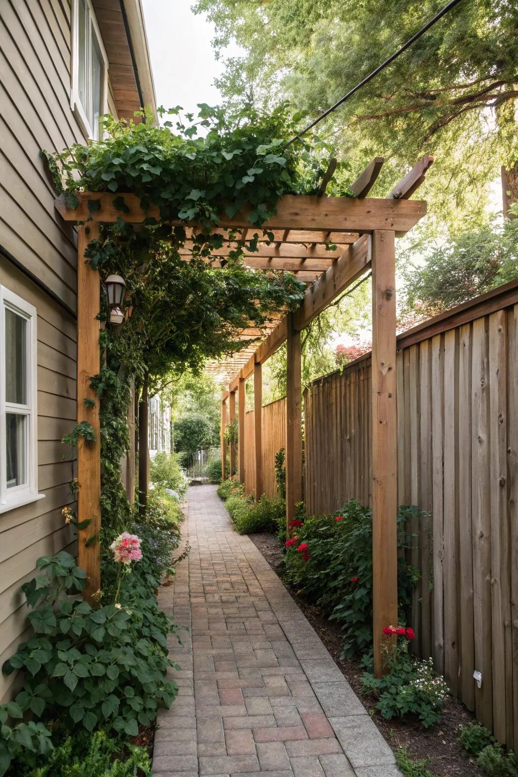 Trellises and pergolas enhance the vertical sophistication of narrow side yards.