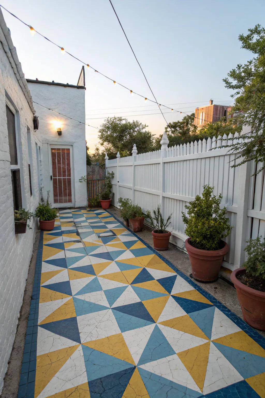 A painted geometric surface design adds panache to a patio.