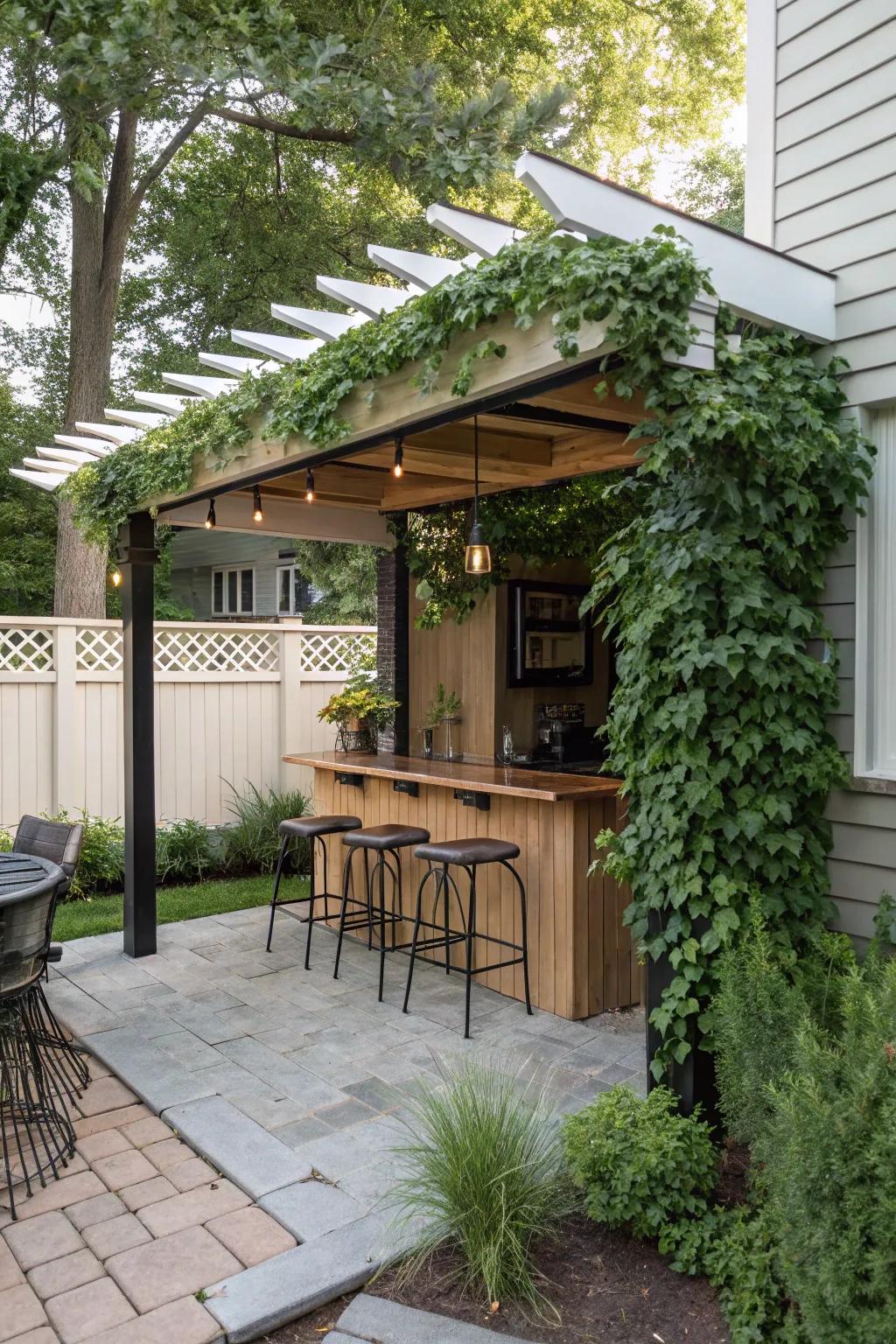 A canopy equipped with a custom-built bar cultivates a lively, sociable space on a modest patio.
