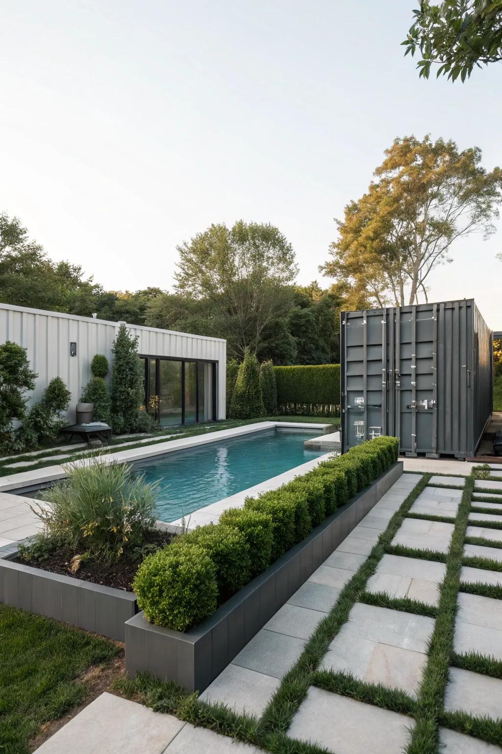 An industrial-chic shipping container pool nestled in a contemporary backyard.