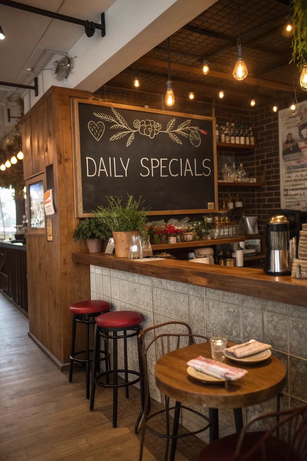 Blackboard signage brings a personal and functional element to a compact restaurant bar.