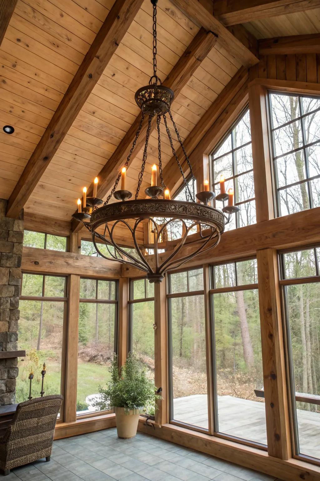 A country-style chandelier provides both utility and style in this sunroom.