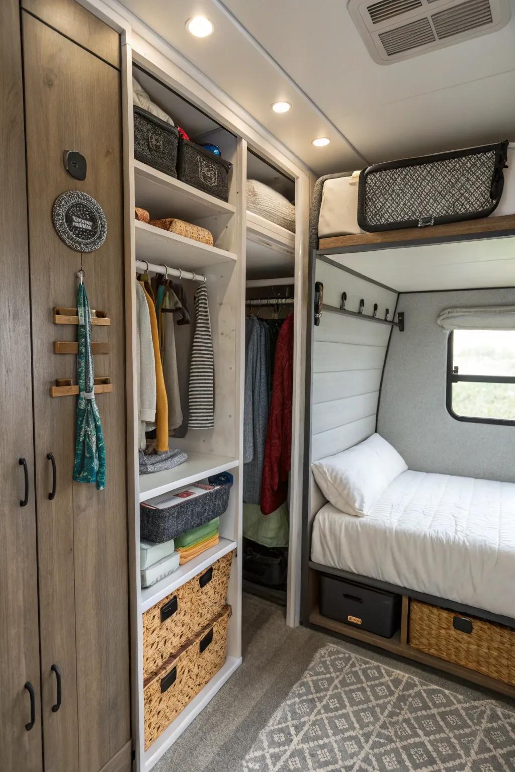 Maximize storage by making use of vertical space in your RV bedroom.