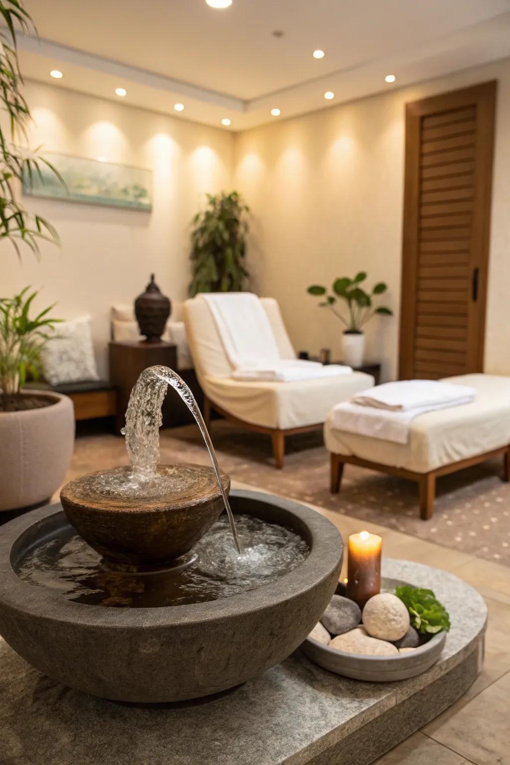 Countertop water feature for peace in a spa room