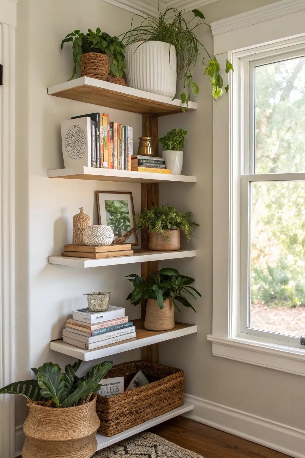 Chic corner shelving making use of otherwise wasted space.