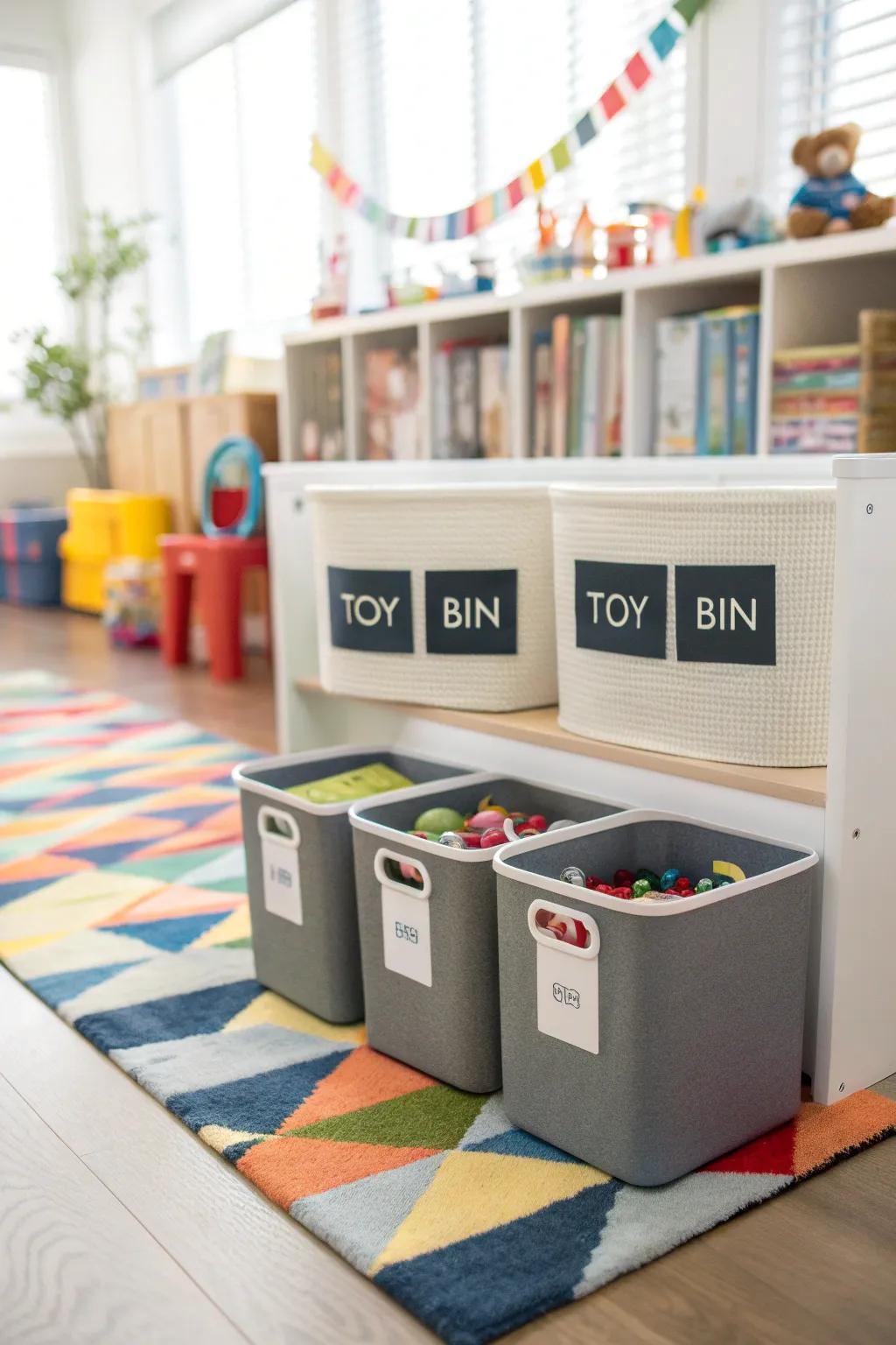 Labeled containers to demonstrate clear and effective toy management.
