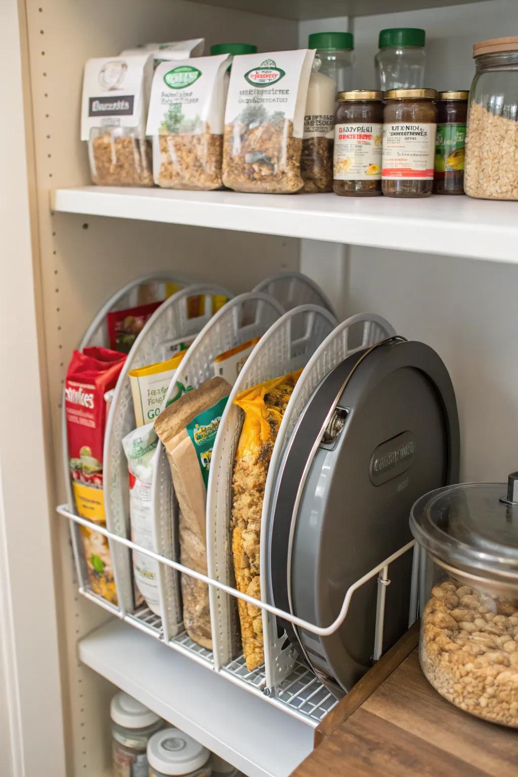 A pan cover organizer serves effectively as a snack bag holder.
