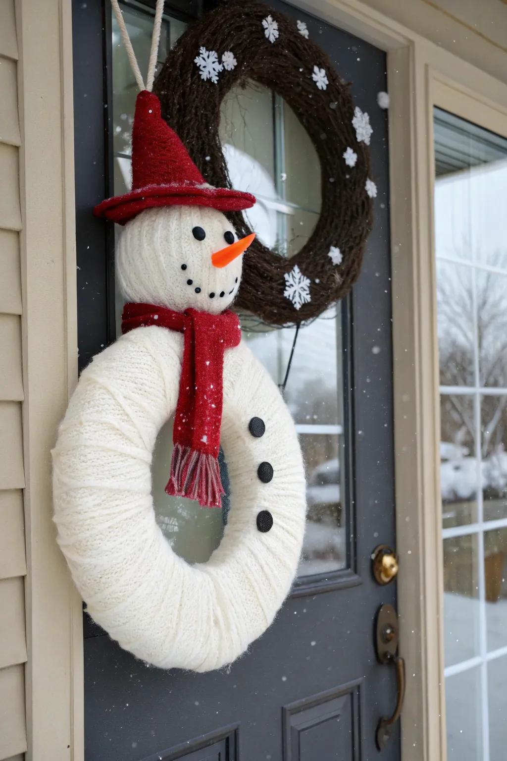 A snowman circlet welcomes visitors with cordiality and happiness.