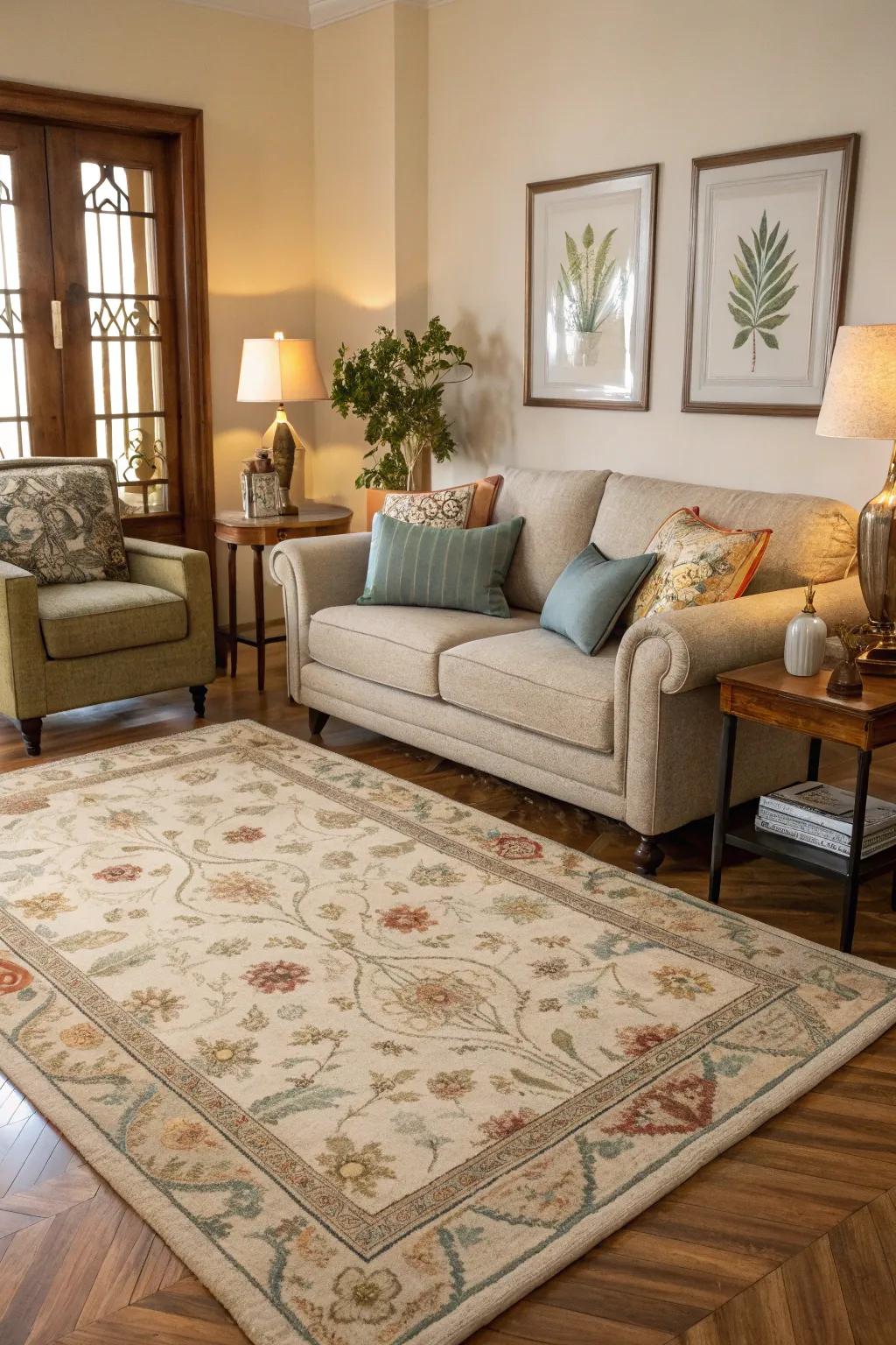 A rug brings cohesion and coziness to the seating area.