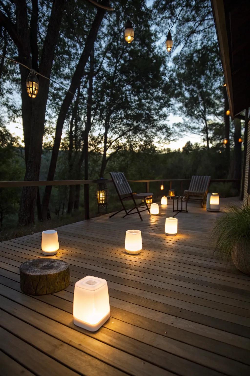 Adaptable lighting options are provided by portable solar floor lamps.