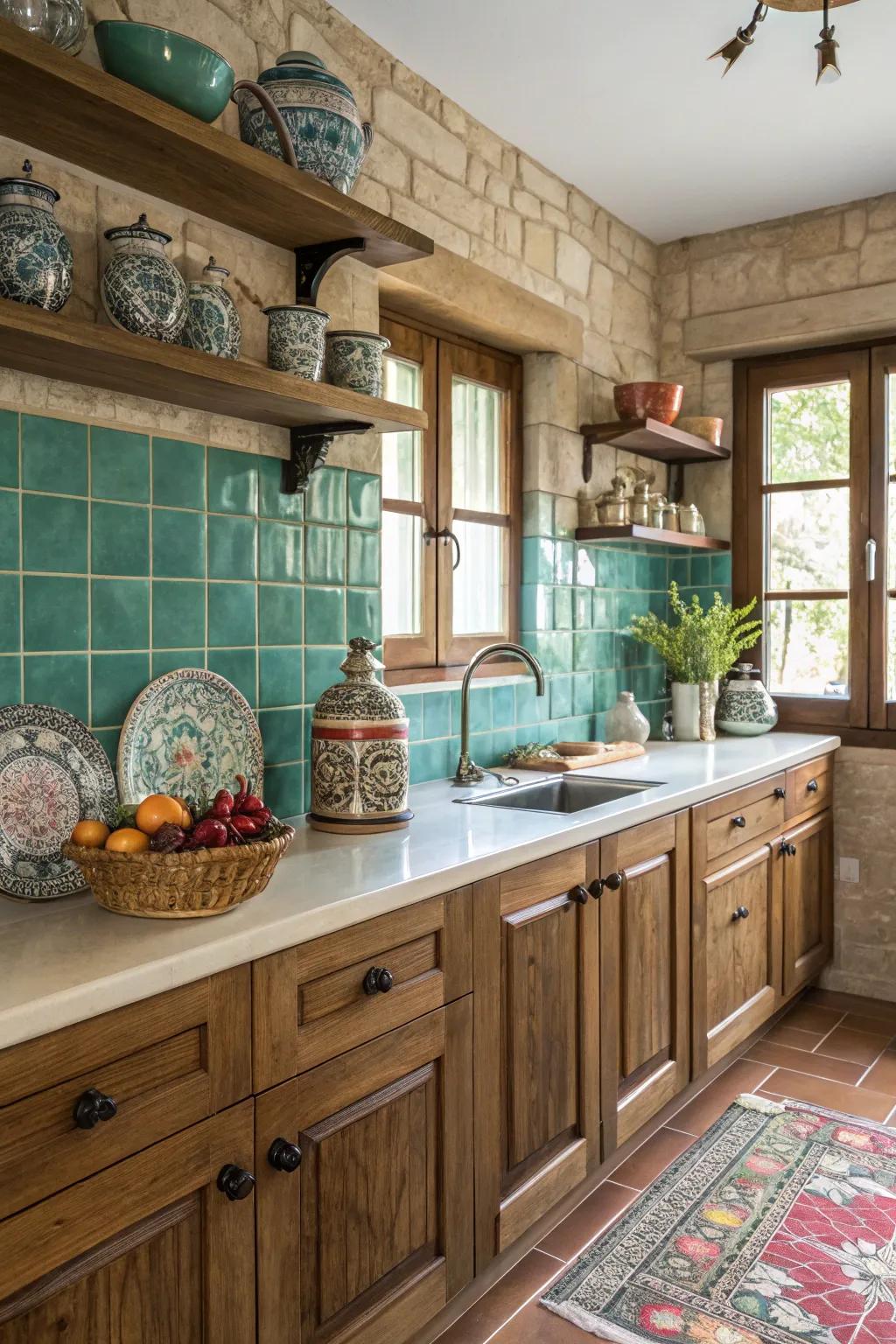 In the kitchen, turquoise tiles create a vibrant, rich feel.