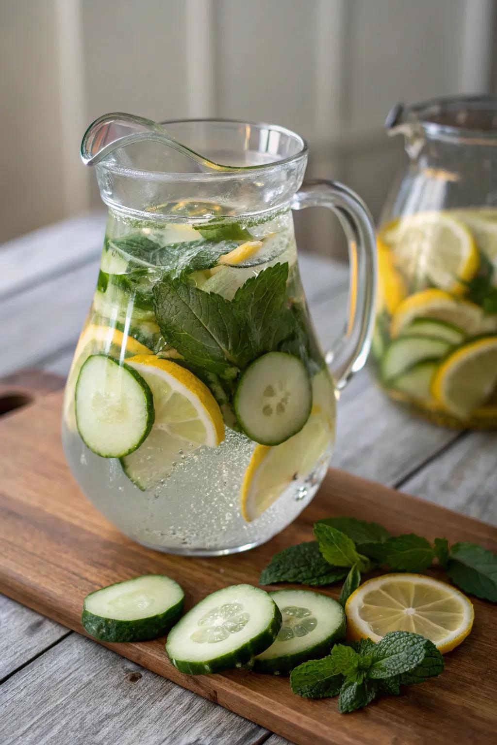 Flavored water with cucumber, citrus, and mint keeps you hydrated and revitalized.