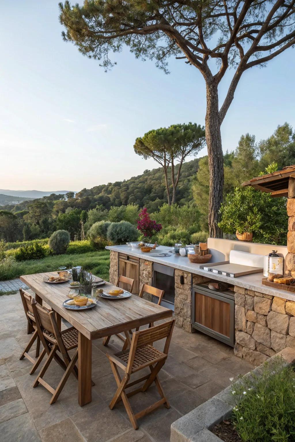 Lush vegetation encircles this inviting outdoor cooking area, fashioning a serene escape.