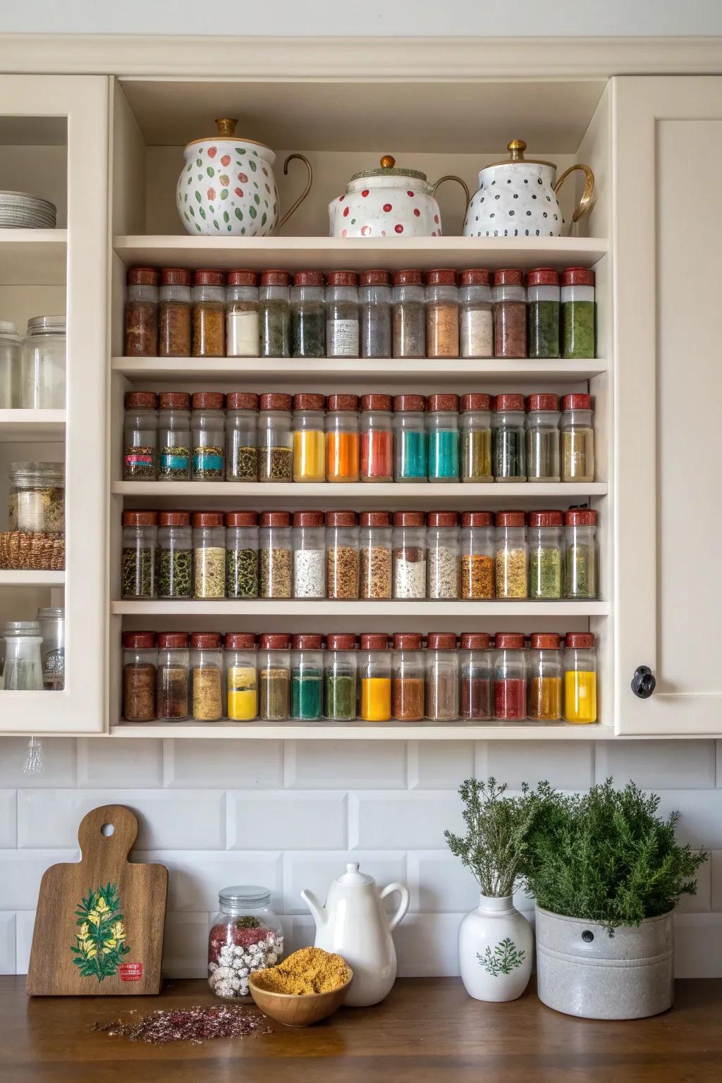 Open shelves transform spices into creative elements.