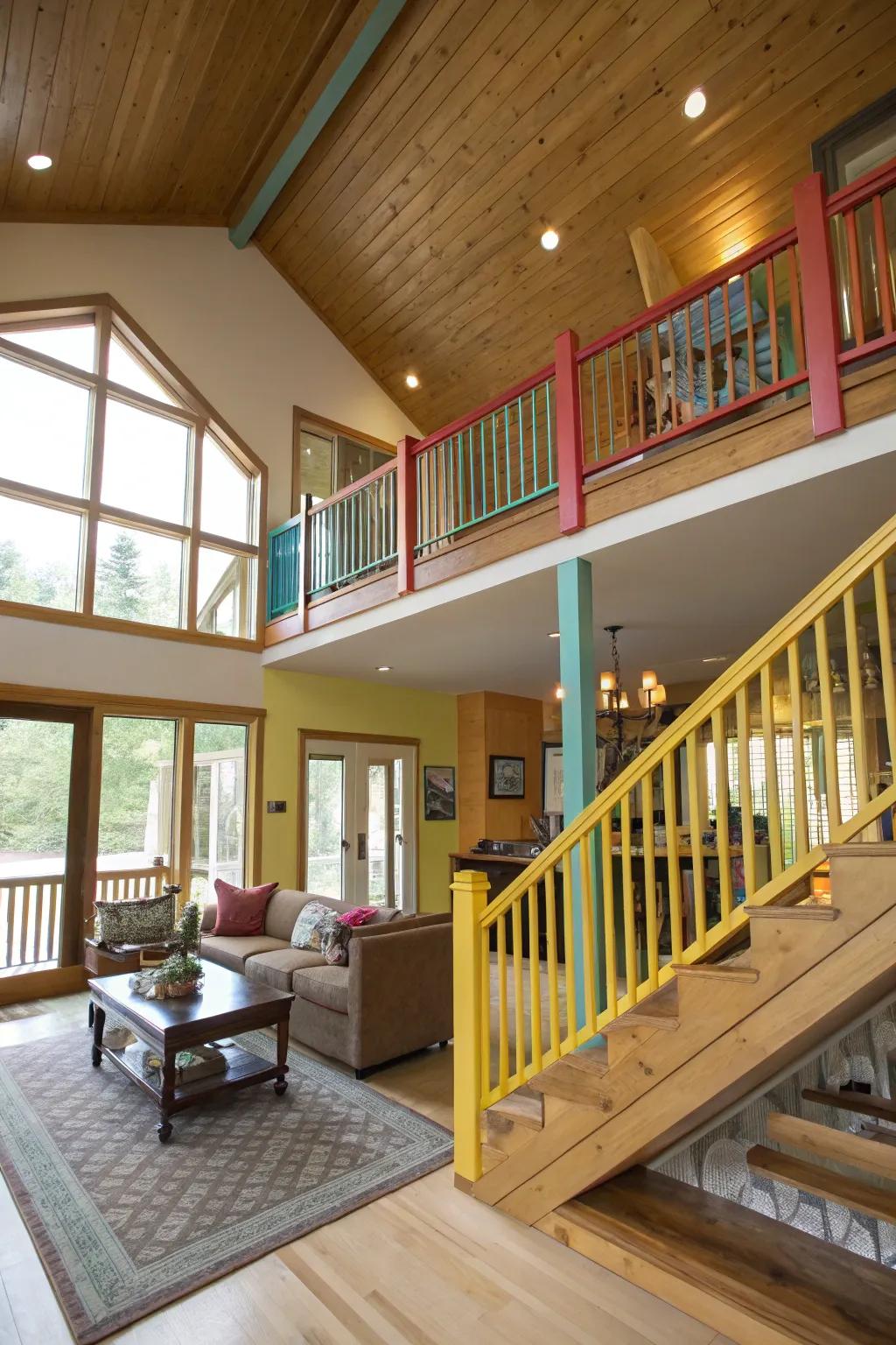 Brightly painted railings adding a vibrant mood to a split-level home.