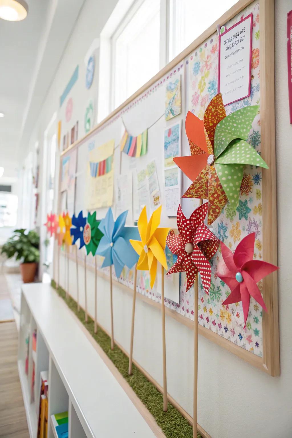A vibrant mood board brimming with colorful pinwheels.